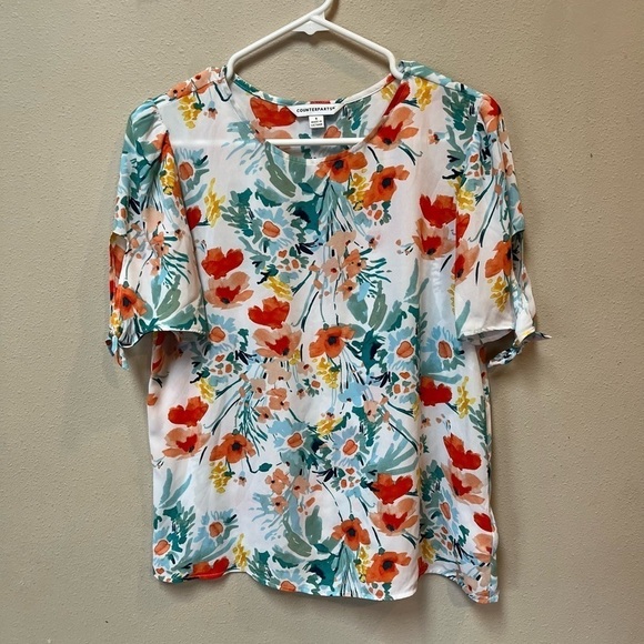 2/$12 Counterparts Red Poppy Floral Tie Sleeve Spring Blouse Size Small - Picture 10 of 14